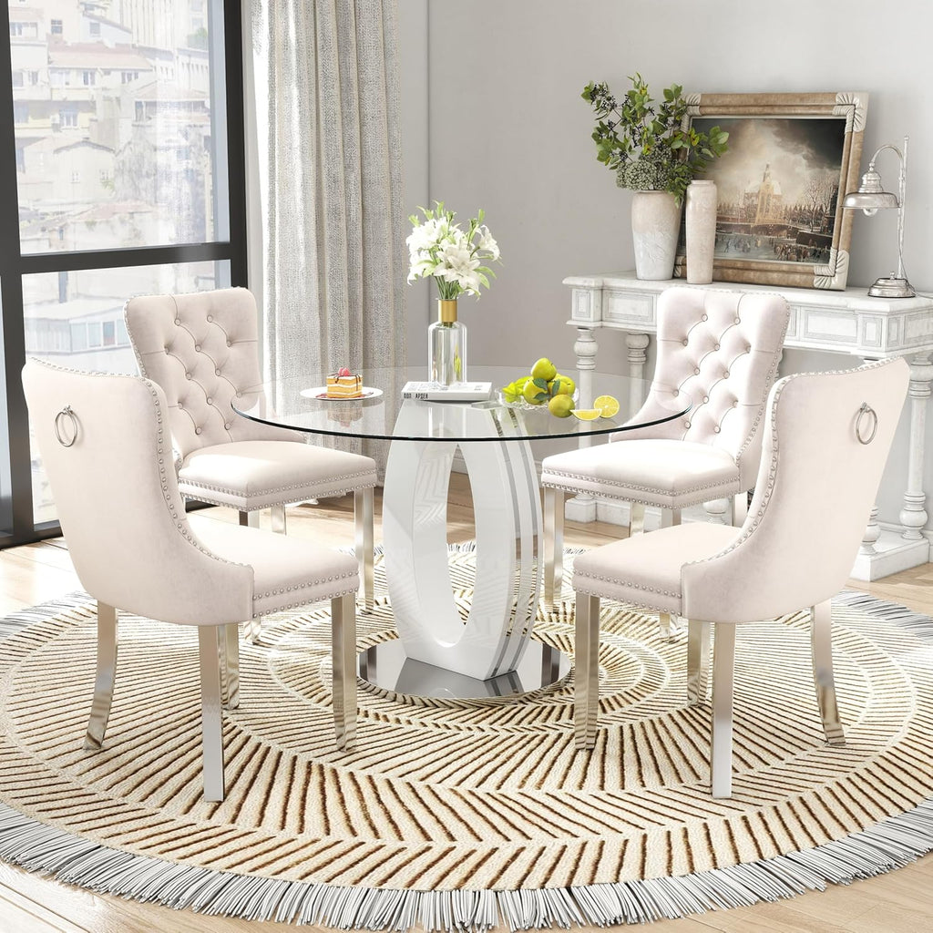 RGZ 39'' Modern Luxury Clear Glass Round Dining Table for 4-6, Glass Circle Top Kitchen Table with Elegant Silver Decorative Strips & White Silver Base, Dinner Table for Home, Living Room, Apartment
