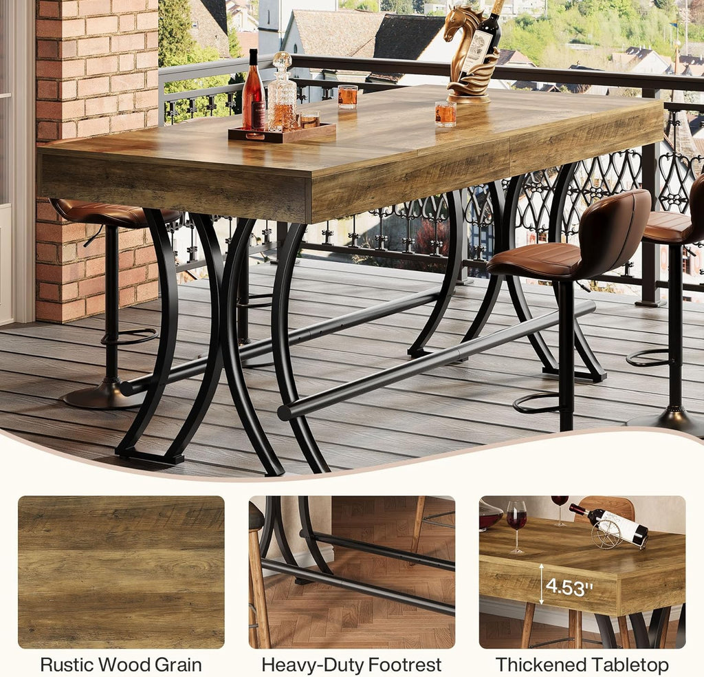 Tribesigns 63" Counter Height Bar Table with Metal Footrest, Rectangular Tall Kitchen Dining Pub Table, Industrial Home Bar Unit for Entertaining, Freestanding, Dark Brown