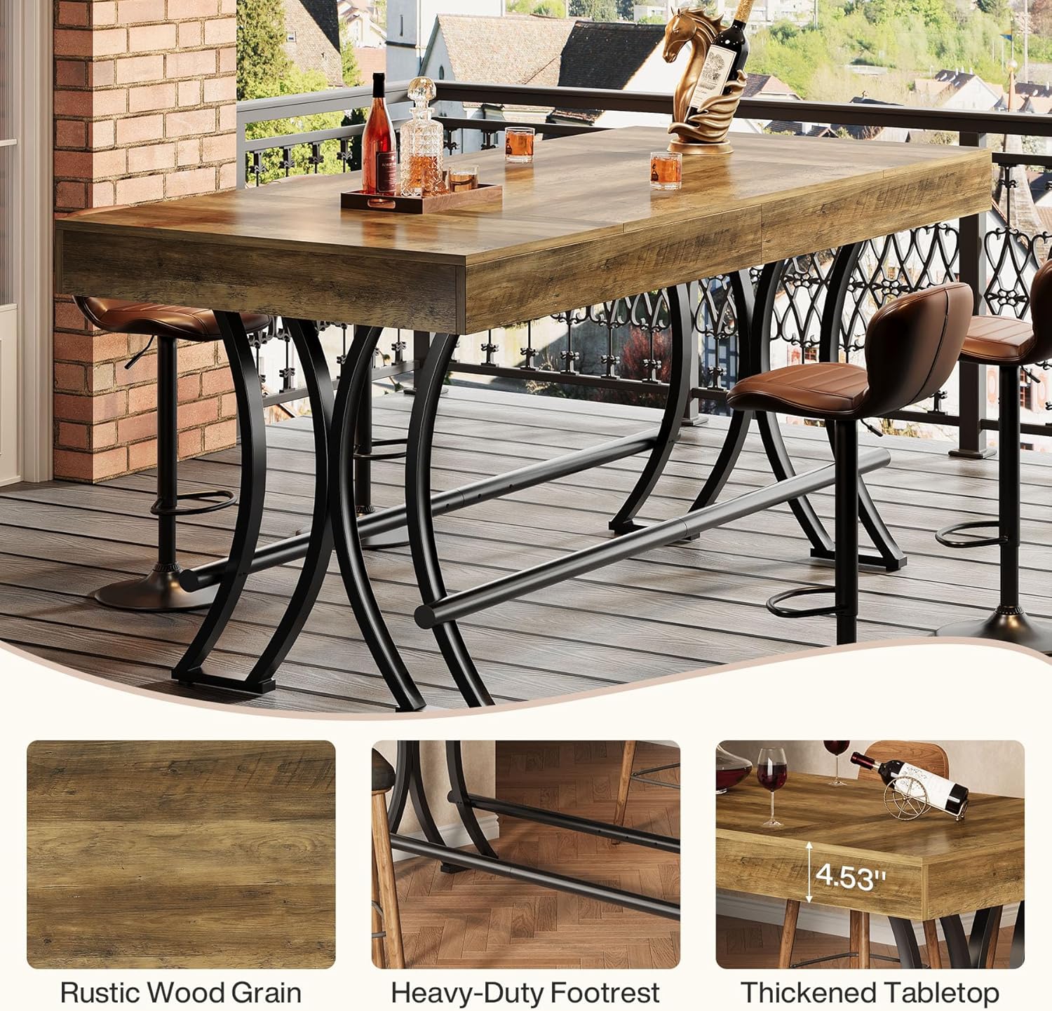 Tribesigns 63" Counter Height Bar Table with Metal Footrest, Rectangular Tall Kitchen Dining Pub Table, Industrial Home Bar Unit for Entertaining, Freestanding, Dark Brown