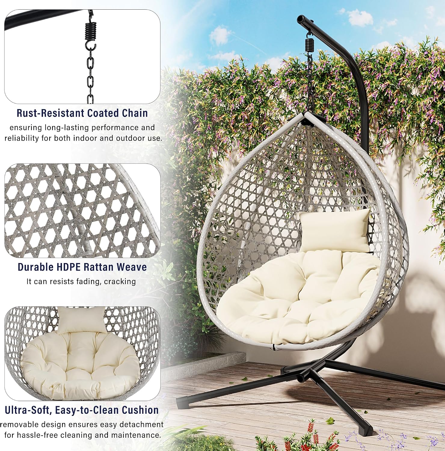 Hanging Egg Chair with Stand – 330 Lbs Capacity Patio Rattan Basket Chair, Garden Swing Hammock with Soft Removable Cushion, Indoor Outdoor for Balcony, Porch, Poolside & Bedroom, Gray+Beige