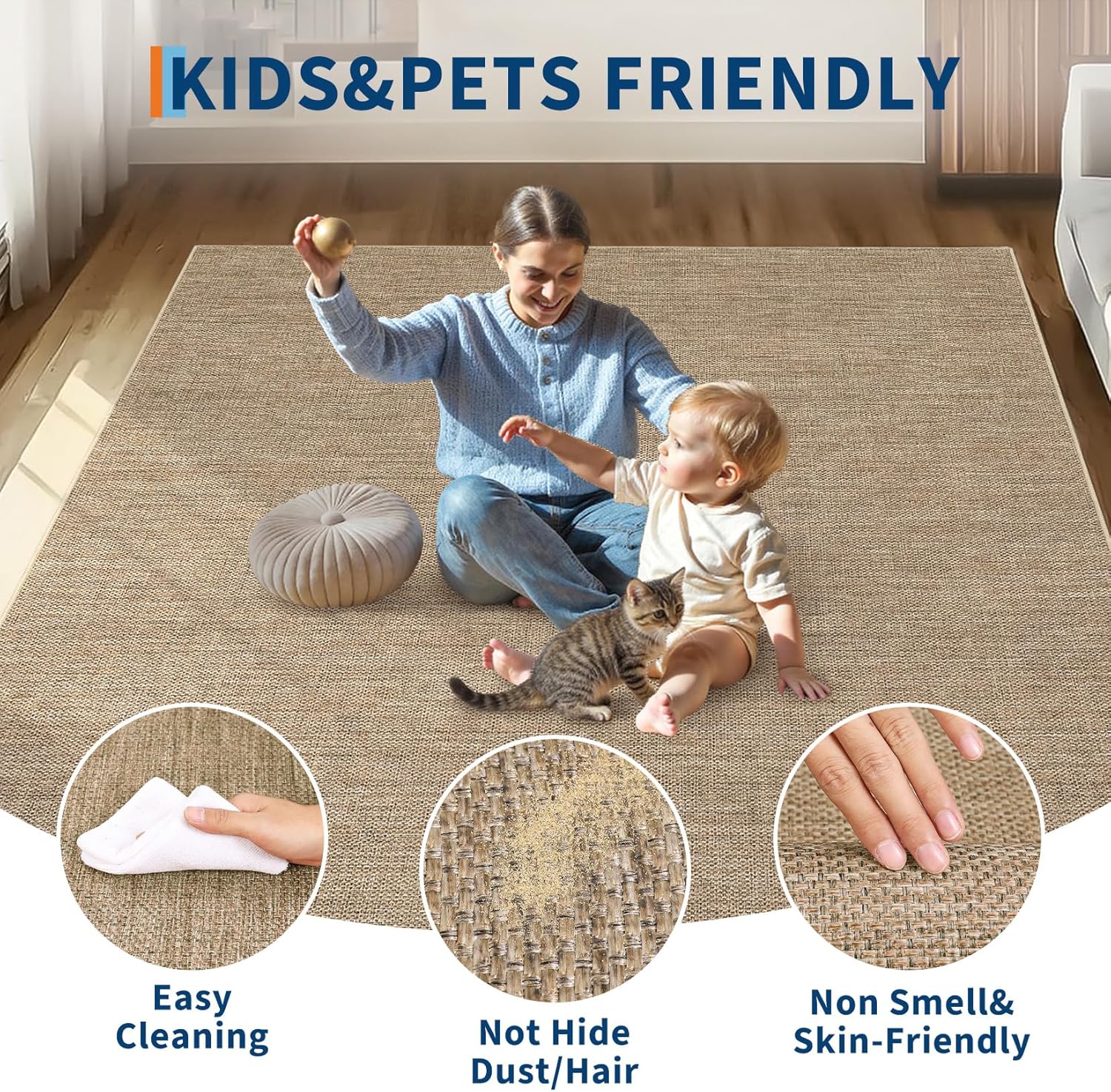 2x6 Runner Rug for Hallway Modern Solid Washable Kitchen Rugs Non Slip Outdoor Patio Runner Rugs Indoor Outdoor Easy Jute Rug Neutral Easy Jute Runners for Porch Entryway Living Room Bedroom, Tan