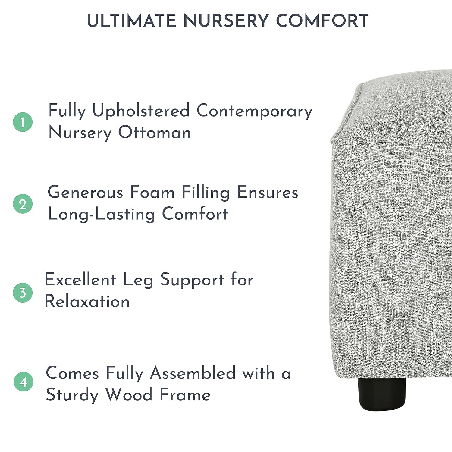 Evolur Holland Upholstered Ottoman in Harbor, Foot Rest Stool for Nursing Moms, Tool-Free Assembly, Made for Every Décor