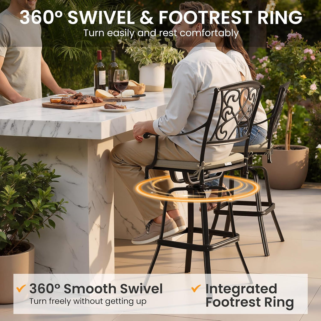 Crestlive Products Outdoor Bar Stools with Sunbrella Cushion Set of 4, 360° Swivel Patio Bar Height Chairs, All Weather Heavy Duty Commercial Grade Furniture, Antique Brown Finish for Outside(Tan)