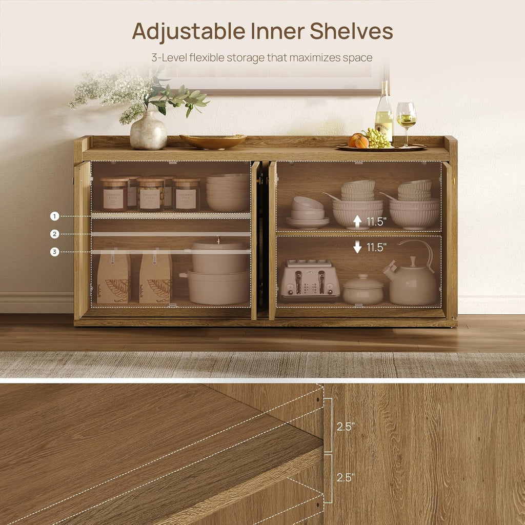SICOTAS 4-Door Buffet Cabinet, 61.7" Wide Extra Long Sideboard with 2 Separate Bays & Adjustable Shelves, Modern Credenza Storage Cabinet with Gold Handles for Kitchen Living Room, Brown Oak, 1 PCS