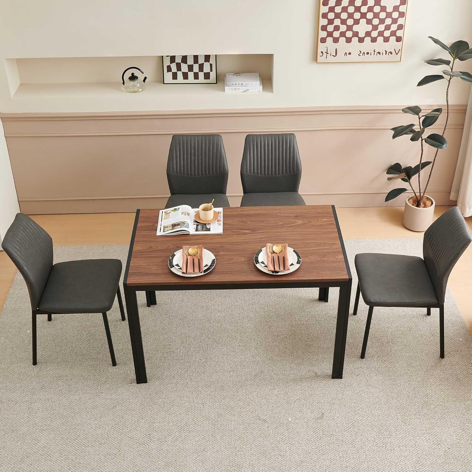 Dining Room Chairs Set of 4, PU Leather Seats with Black Metal Legs, Waterproof Chairs Set of 4 for Kitchen & Dining Room, 15-Min Assembly - Dark Grey