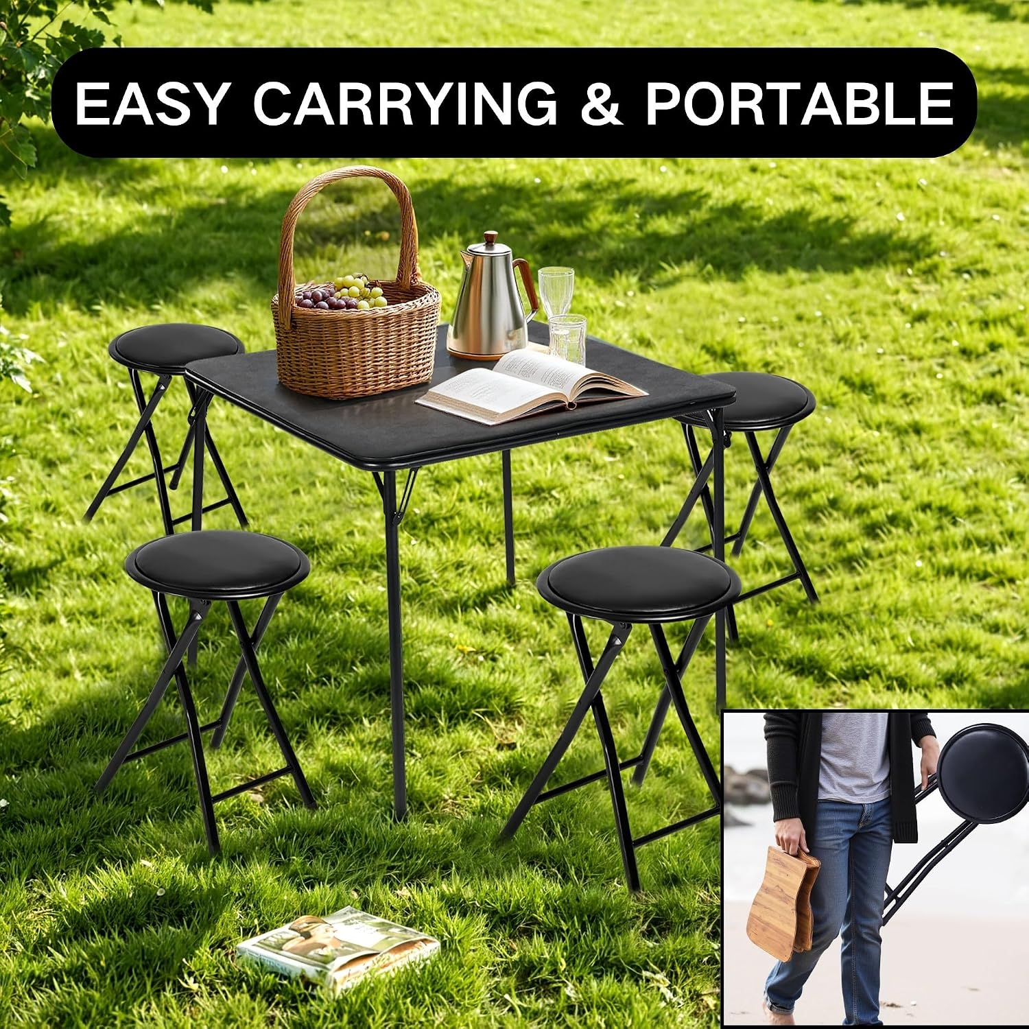 Homy Casa 18-Inch Backless Folding Stools with Soft Seat, Portable Waterproof Faux Leather Stools Foldable Chairs with Sturdy Frame for Indoor and Outdoor Use (Black, Set of 4)