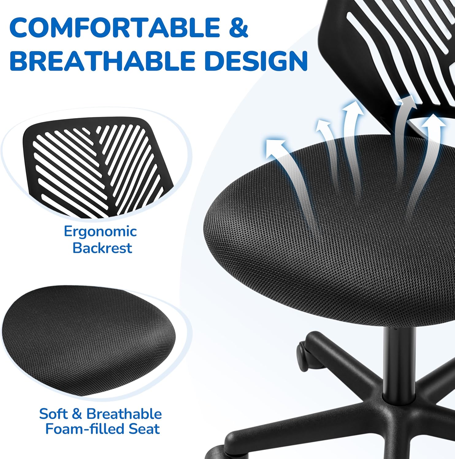 Yaheetech Student Desk Chair, Low-Back Armless Study Chair with Lumbar Support, Adjustable Swivel Office Chair for Home Bedroom School, Black