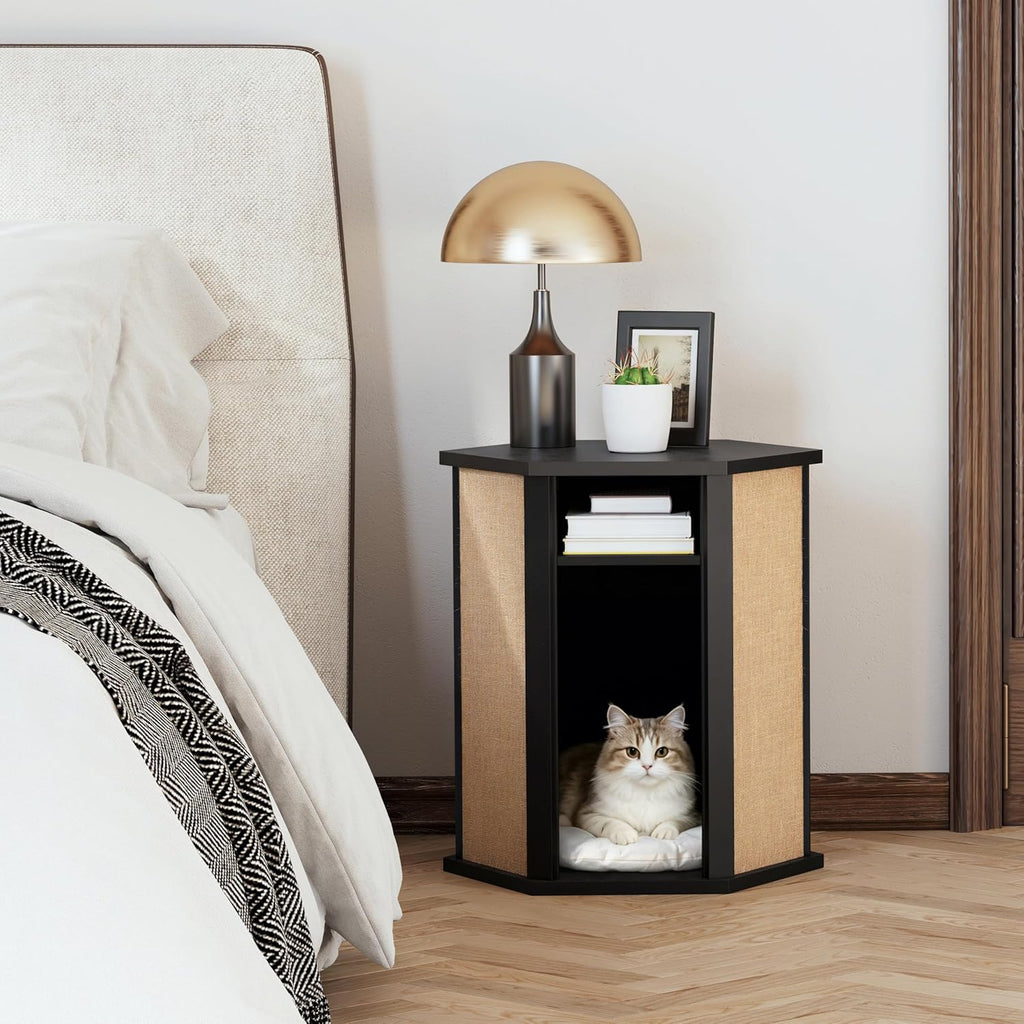 COZAYH Modern Cat House End Table with Sisal Scratching Panels, Hidden Cat Bed Side Table with Removable Washable Cushion, Pine Wood, Cat Condo Nightstand, Easy to Clean, Multifunctional, Black