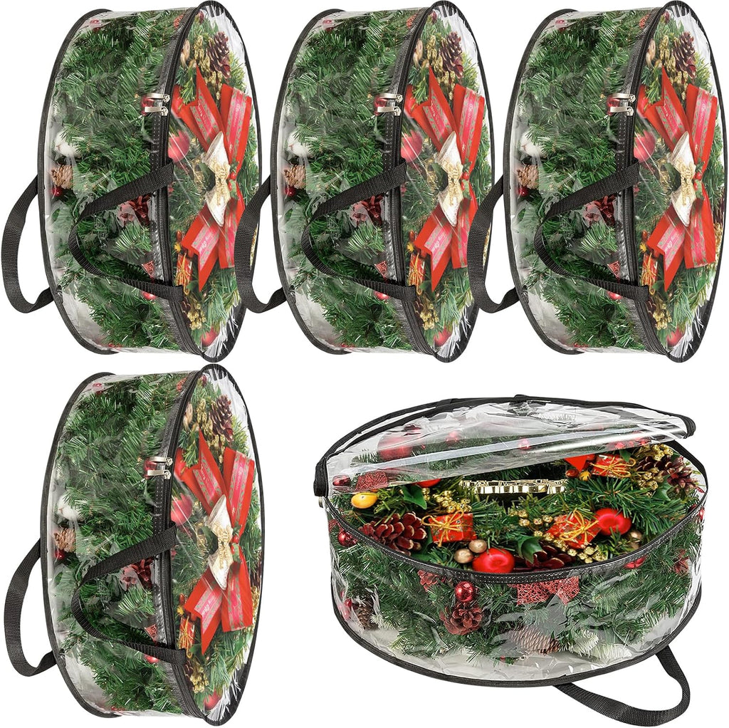 MUXHEL 5 Pcs Christmas Wreath Storage Bags, 24" Dia Round Wreath Storage Containers, Clear, Tear Resistant, Black
