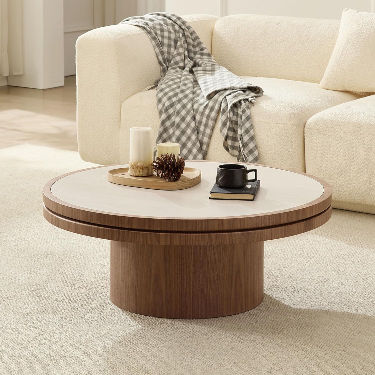 35.43 Inch Round Sintered Stone Side Table, No Assembly MDF Coffee Table with Walnut Finish, Modern Small Accent End Table for Living Room Bedroom Office Apartment Compact Space (35.43''+Walnut)