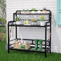 Outdoor Metal Potting Bench Table with Storage,3-Tier Heavy Duty Garden Workbench,All-Weather Gardening Table with 4 Side Hooks,18" D x 39" W x 32" - 47" H,Black