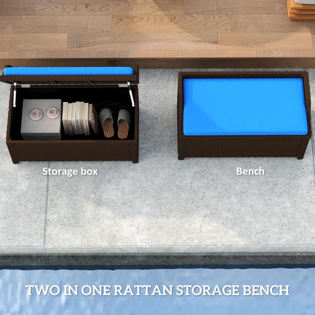 Wicker Storage Bench, Blue Outdoor Patio Storage Bench with Cushion, Deck Box Seat and Rattan Garden Organizer for Backyard Porch Poolside Furniture Accessories