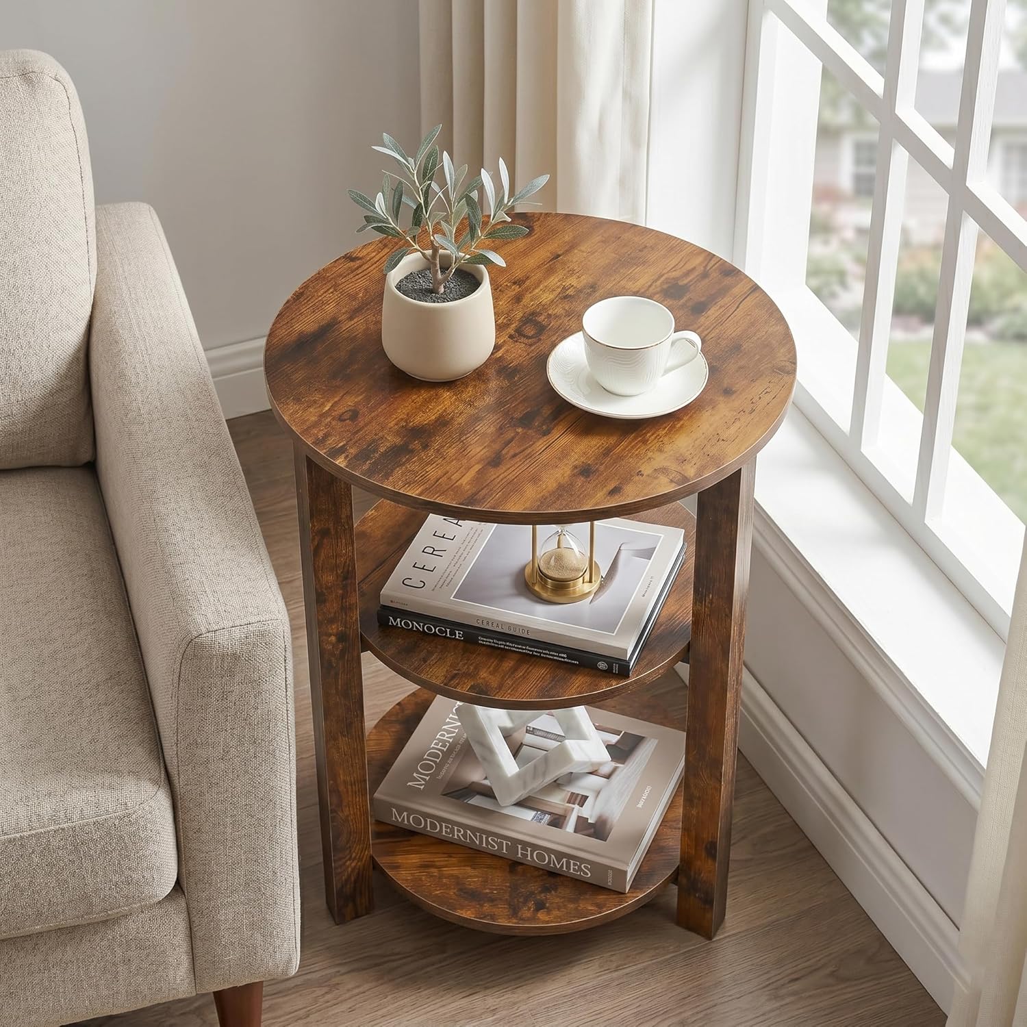 Farmhouse 3-Tier Round Side Table, 17.7*21.7inch End Table with Open Storage Shelf, Circular Nightstand Accent Table for Living Room, Bedroom,Wooden Table for Narrow and Small Spaces,Rustic Brown