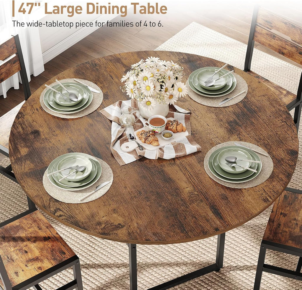 RALGEND 47.2" Round Dining Table for 4，Farmhouse Wooden Kitchen Table with Storage, Space Saving Circle Dinner Table with Metal Legs, for Dining Room, Living Room, Kitchen, Rustic Brown and Black