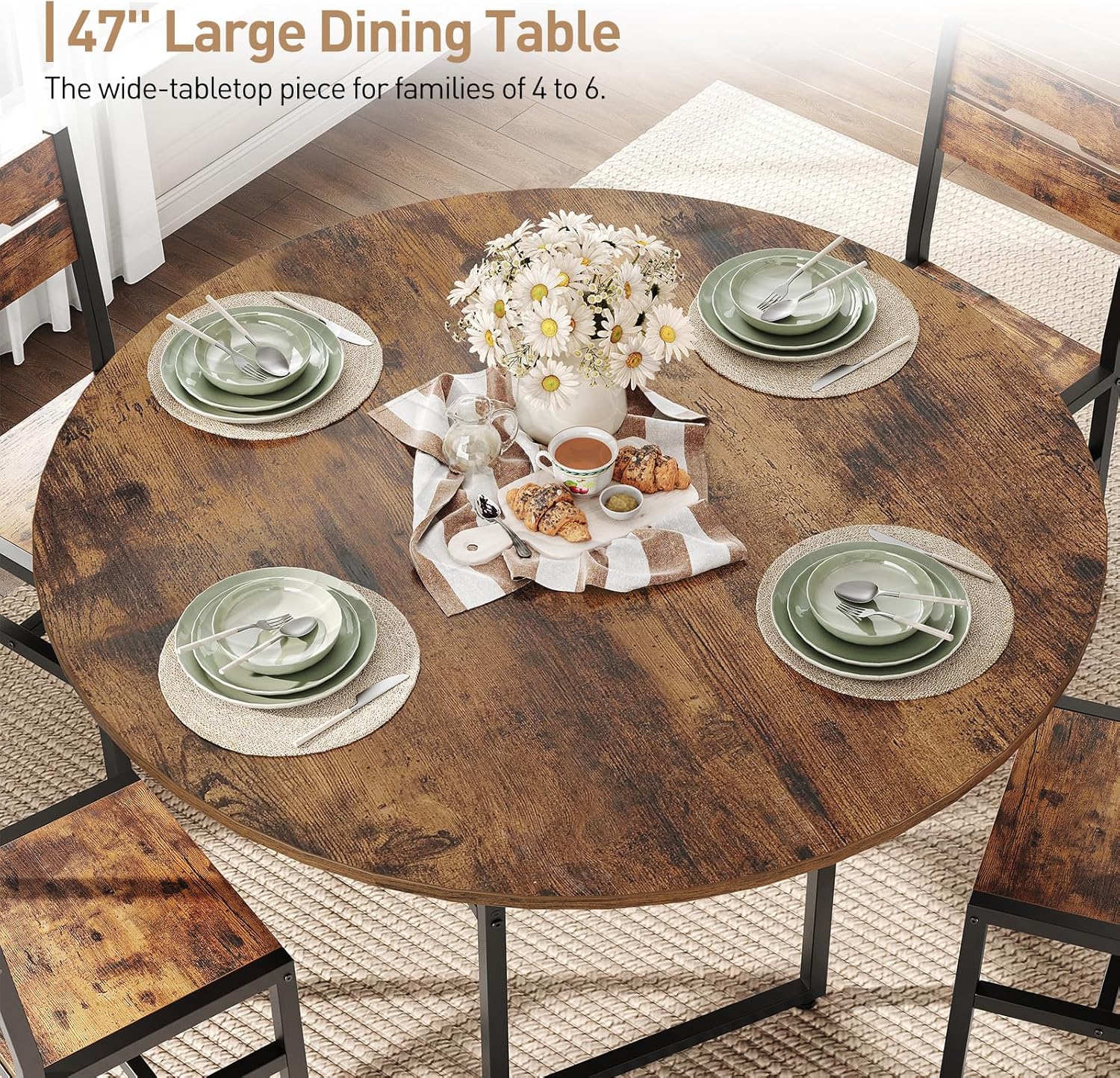 RALGEND 47.2" Round Dining Table for 4，Farmhouse Wooden Kitchen Table with Storage, Space Saving Circle Dinner Table with Metal Legs, for Dining Room, Living Room, Kitchen, Rustic Brown and Black