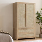 SICOTAS 71 inch Rattan Wardrobe Closet : Armoire Wardrobe with Drawers | Farmhouse Boho Storage Cabinet with Hanging Rod, Large-Capacity Deep Armoire Clothes Organizer for Bedroom, Cloak Room