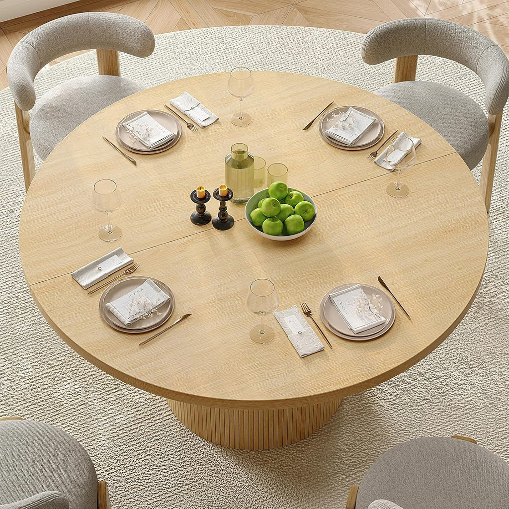47 inch Round Dining Table for 4, Circle Kitchen Table with Wood Strip Base, Modern Farmhouse Dinner Tables for Kitchen, Living Room (Oak)