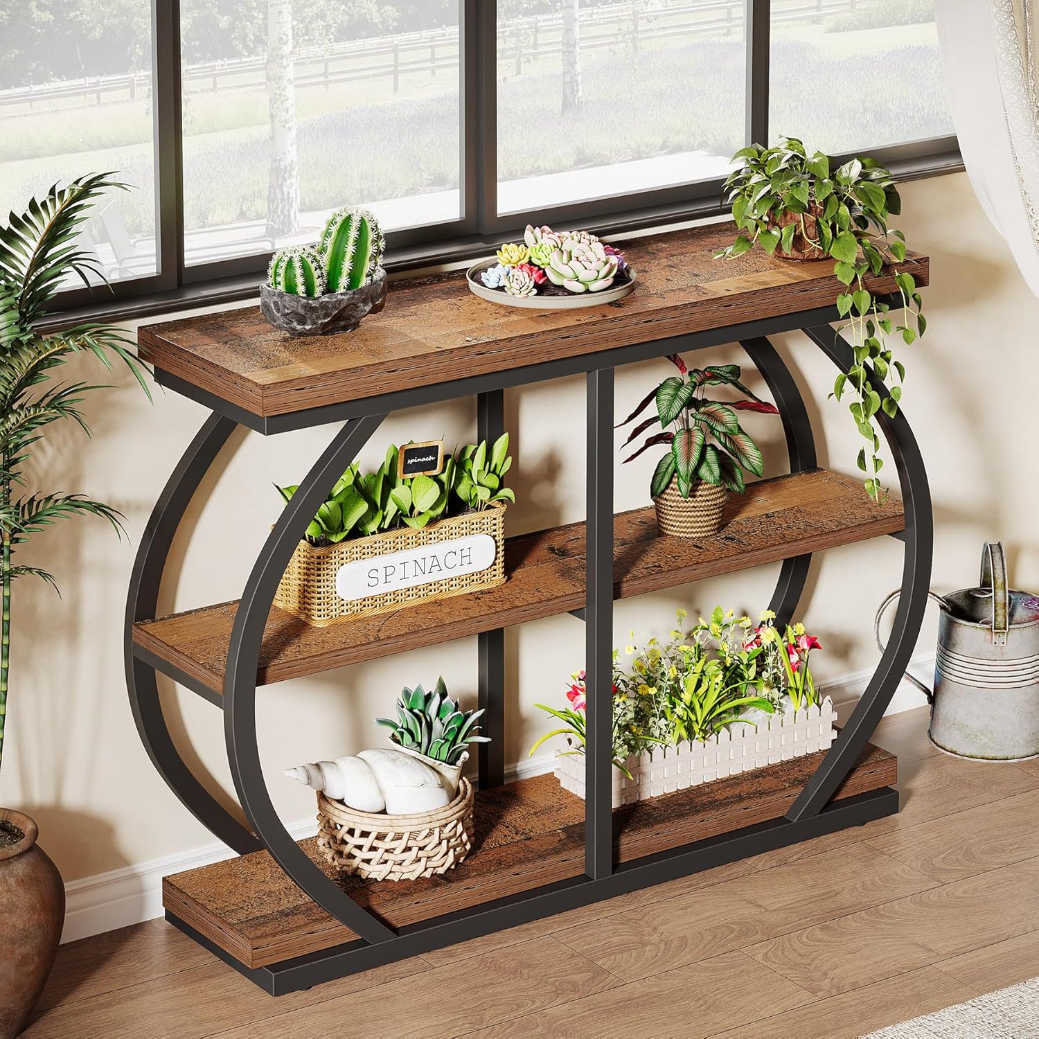Tribesigns 41.3" Console Table, Industrial 3-Tier Entryway Table with Arched Metal Frame and Storage Shelves for Living Room, Hallway, Mix Brown