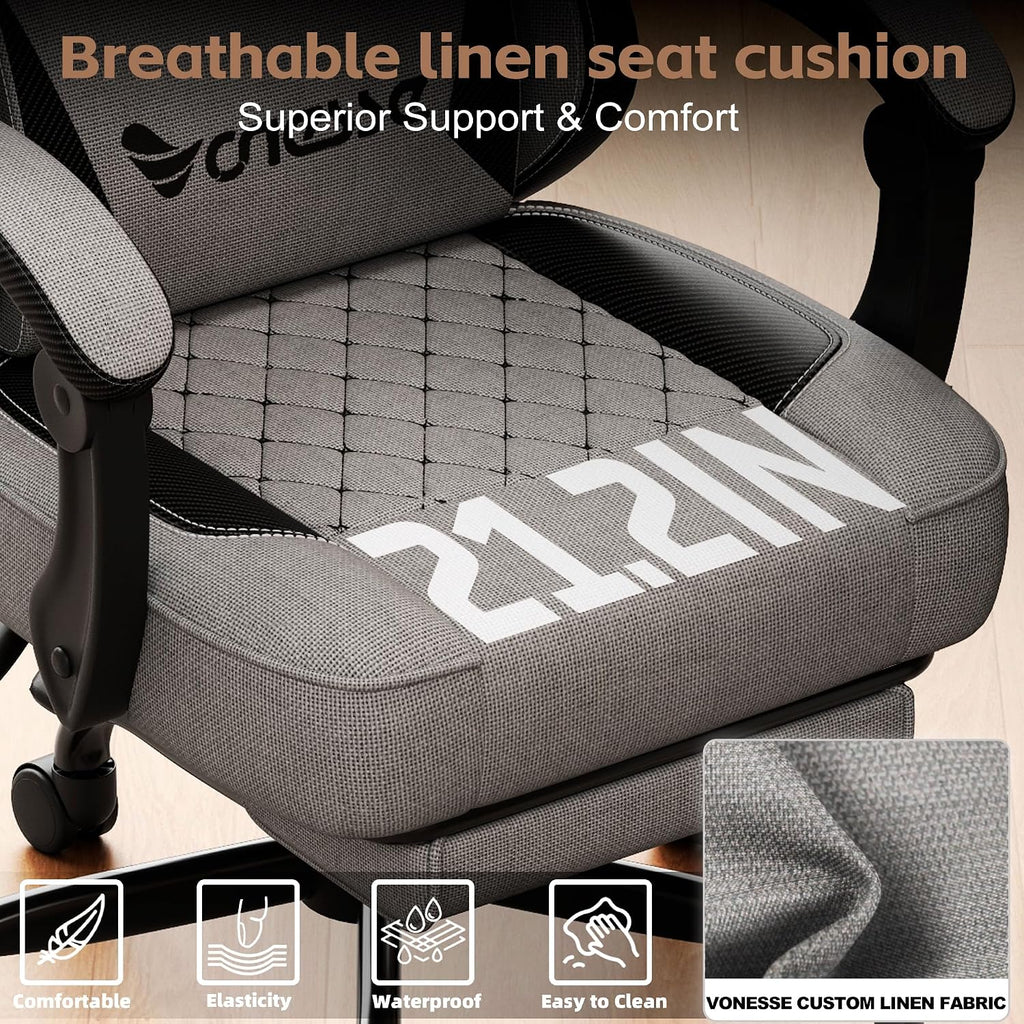 Vonesse Gaming Chair, Office Chair with Linen Breathable Mesh Fabric, Desk Chair with Adjustable Lumbar Support, Executive Computer Chairs with Footrest and Headrest (Gray)