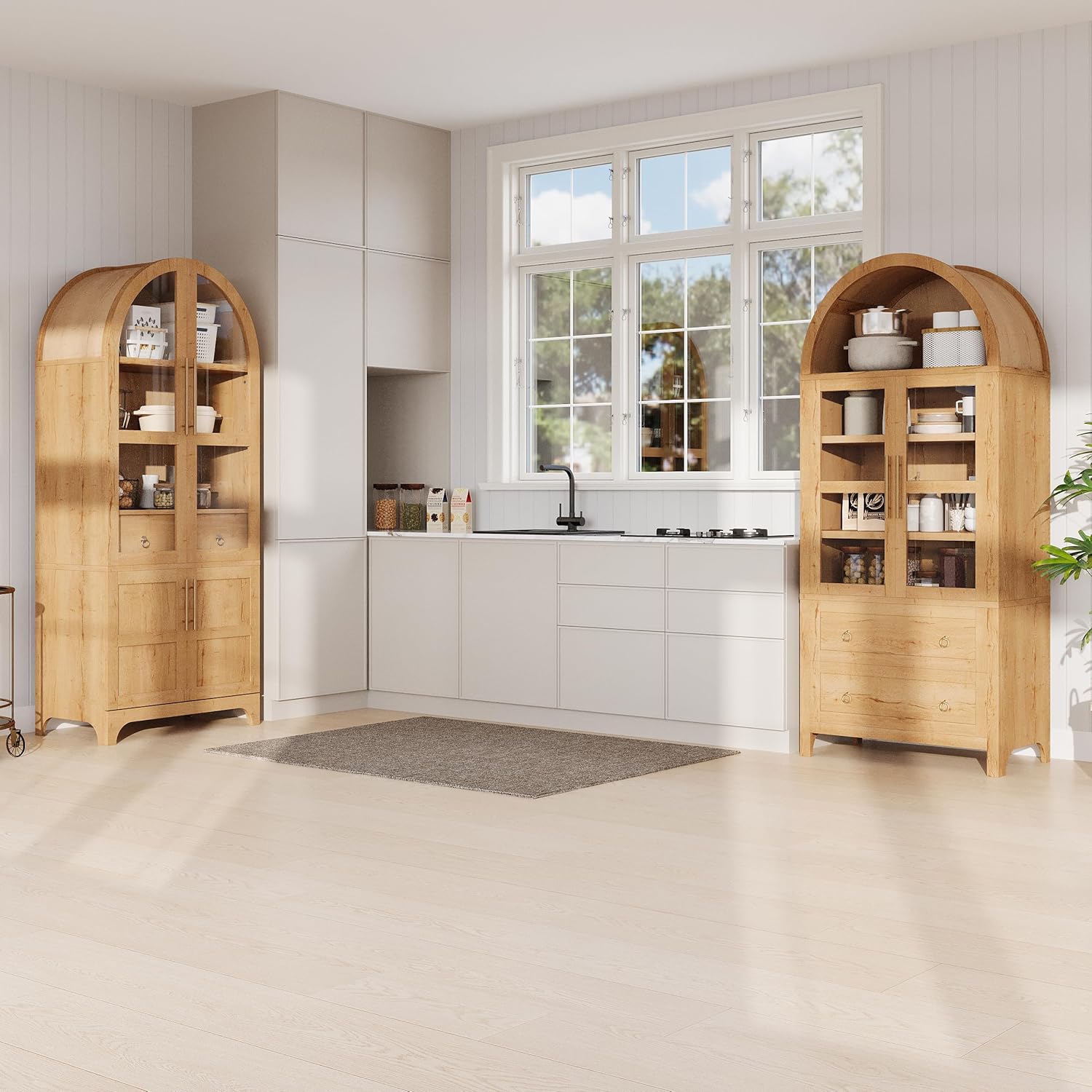 71" Tall Arched Kitchen Pantry Cabinet with Door Shelves, Farmhouse Kitchen Storage Cabinet with Open & Adjustable Shelves, Hidden Drawer & Glass Door, Cupboard for Kitchen, Dining Room, Natural