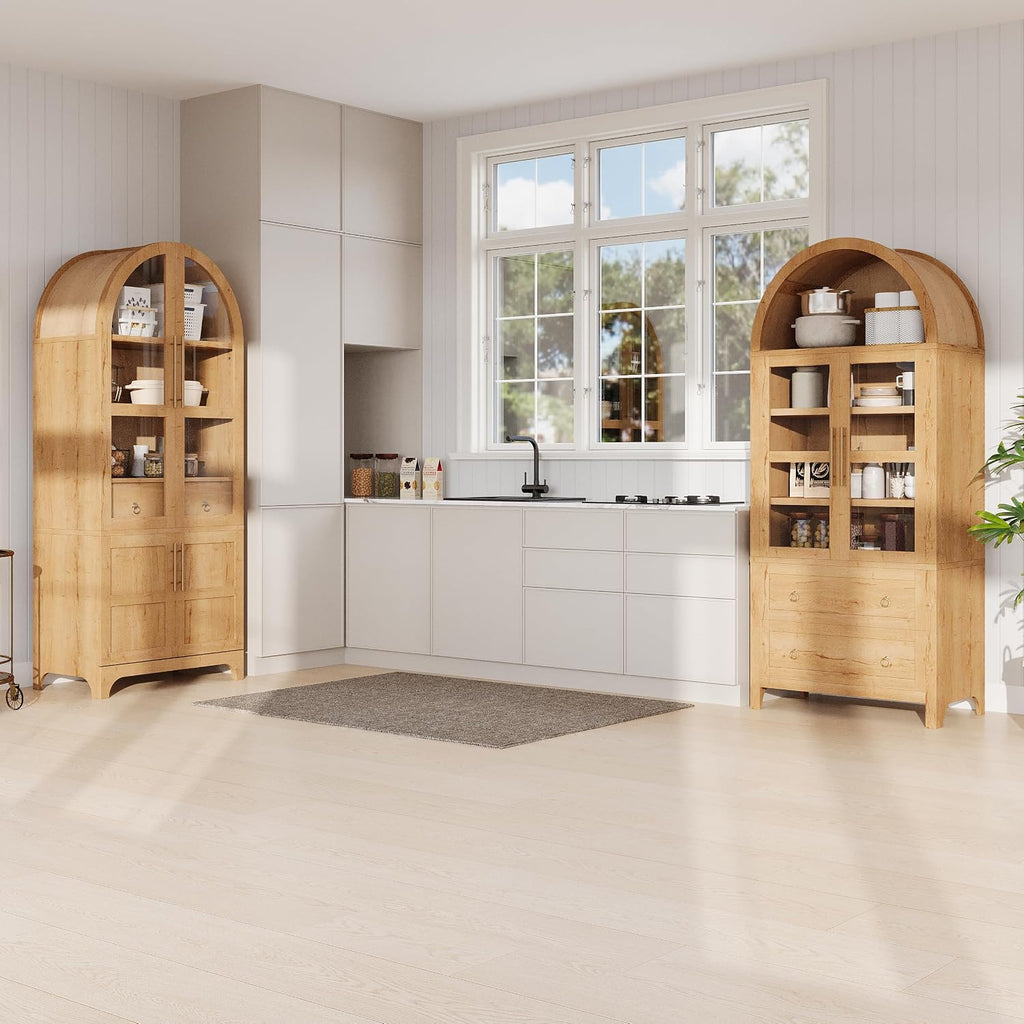 71" Tall Arched Kitchen Pantry Cabinet - Farmhouse Wood Kitchens Storage Cabinets with Door Shelves, Open & Adjustable Shelves, Hidden Drawer and Glass Door for Dining Room