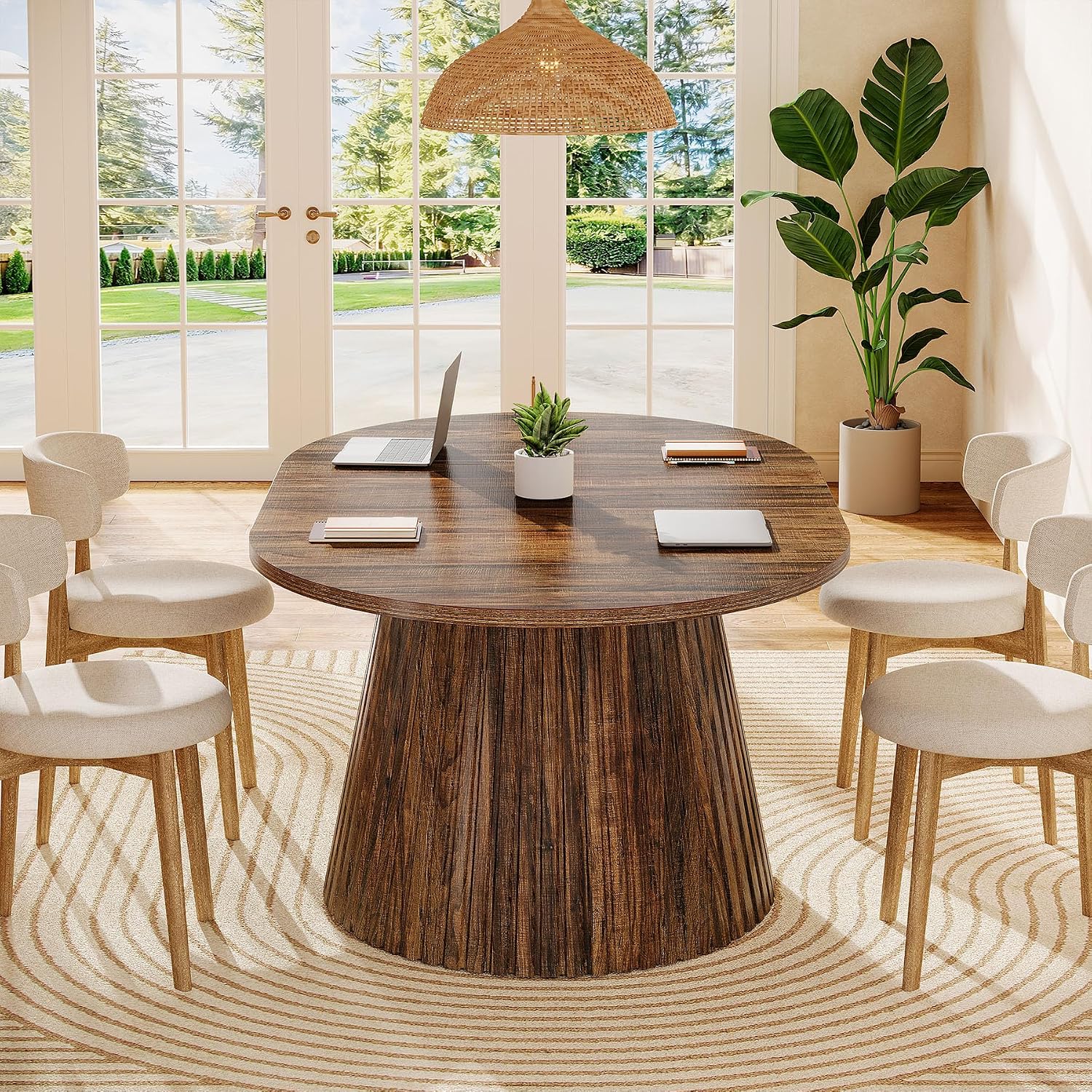 Tribesigns 59" Dining Table for 4-6 People, Farmhouse Dining Room Table with Heavy Pedestal, Oval Wood Kitchen Dinner Table for Living Room, Kitchen, Rustic Brown, 59.06" W x 39.37" D