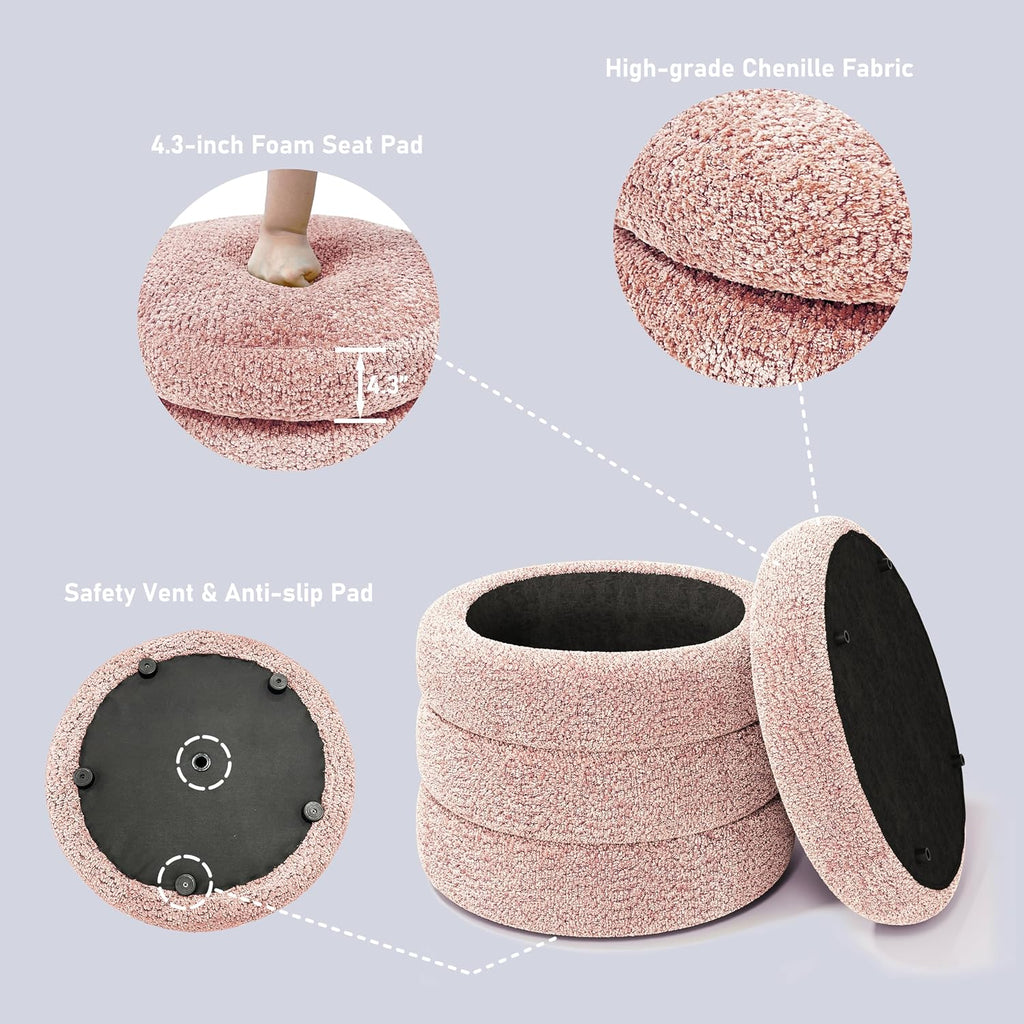allamazing Storage Ottoman, Round Ottoman with Storage, Vanity Stool Foot Rest with Removable Lid, Round Boucle Upholstered for Living Room Pouf Footstool (Pink)