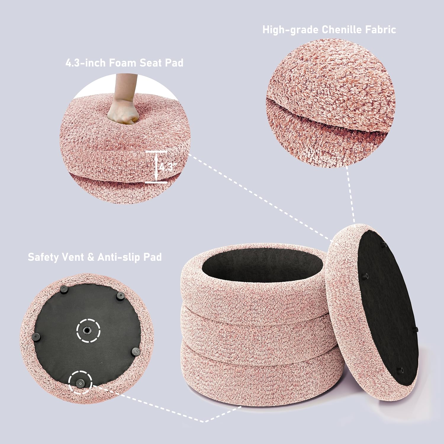 allamazing Storage Ottoman, Round Ottoman with Storage, Vanity Stool Foot Rest with Removable Lid, Round Boucle Upholstered for Living Room Pouf Footstool (Pink)