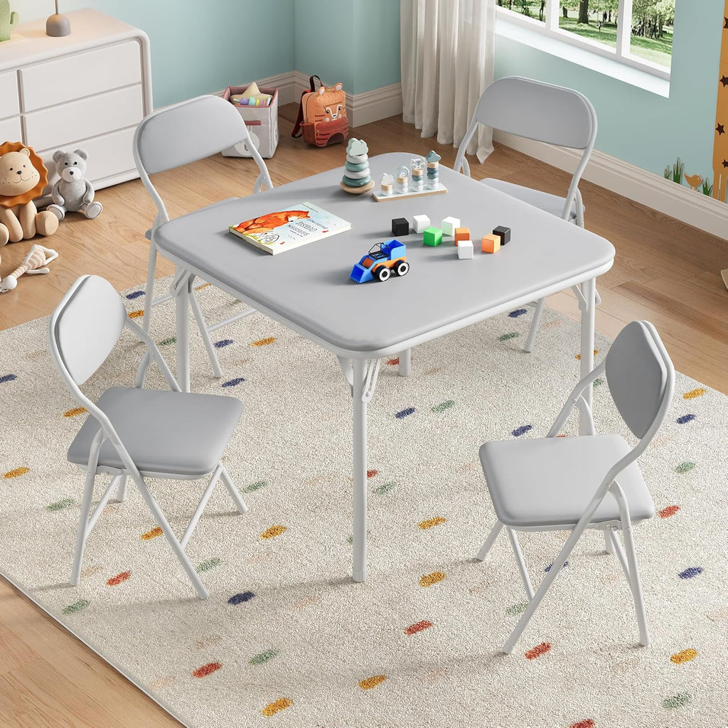 5-Piece Set Kids Folding Table and Chairs Set, Portable No-Assembly Dining Set with PU Cushion, for Boys Girls Eating Reading Playing -Gray
