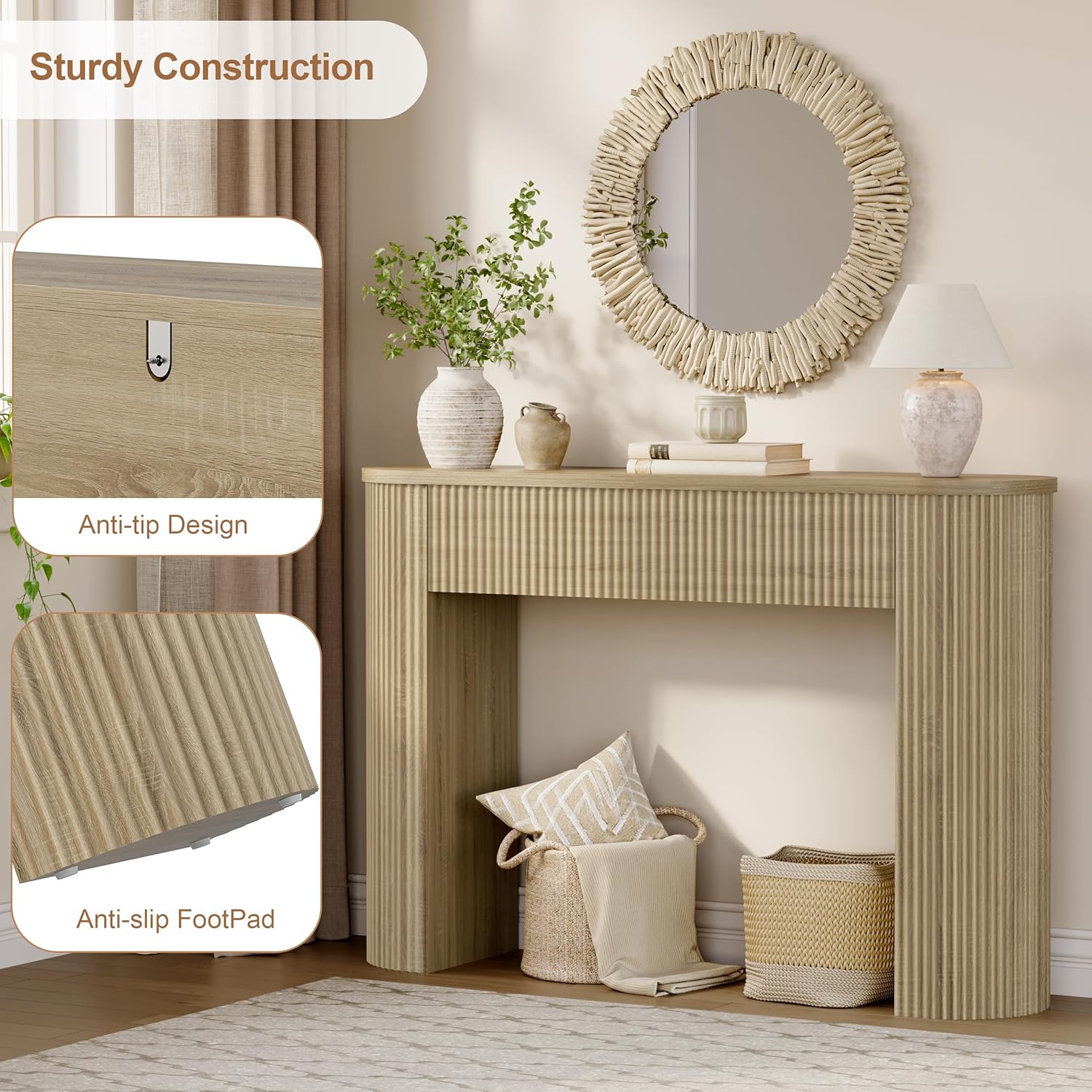 MECHYIN 47" Console Table, Fluted Sofa Table with Sturdy Construction, Small Curved Entryway Table for Entrance, Behind The Couch, Hallway, Living Room, Foyer