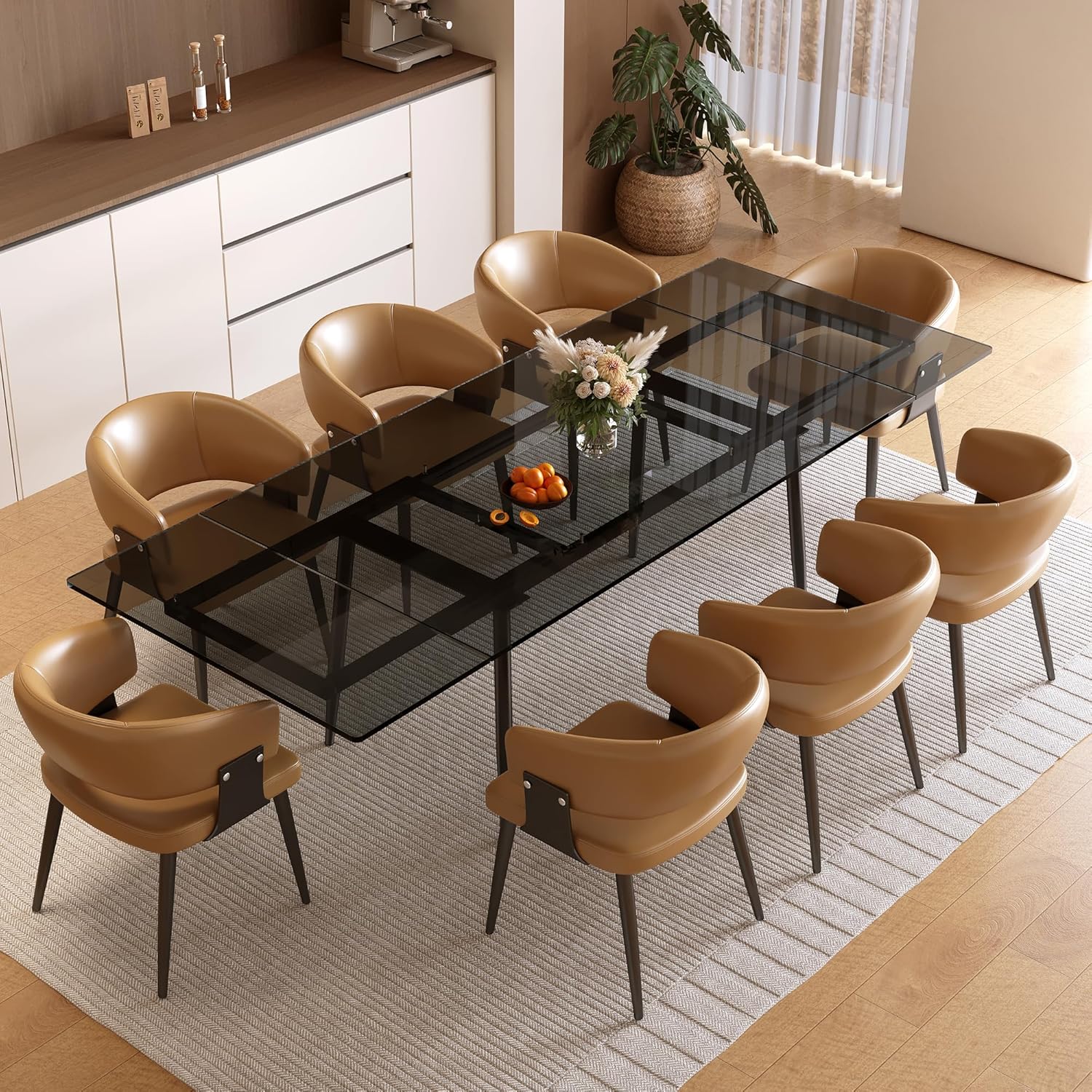 62.99-94.48" Extendable Dark Tempered Glass Dining Table, Scratch-Resistant Glass Top & Metal Frame, Seats 8-10, Modern Minimalist Dining Furniture for Family & Entertaining