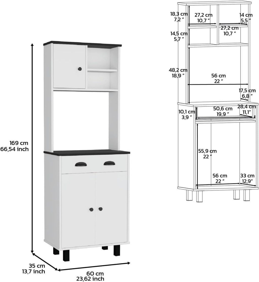 Depot E-Shop Waco 67" H Kitchen Pantry with Two Cabinets, Two Open Shelves, and One Drawer, White/Black