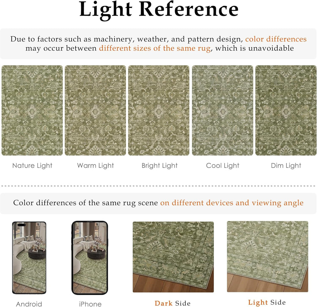 HUGEAR 2x6 Washable Vintage Runner Rug Green Neutral Distressed Low Pile Non Slip Soft Long Area Carpet Indoor Hallway Throw Rug for Entrance Kitchen Bathroom Laundry Living Room