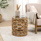JONATHAN Y Malaya 16" Water Hyacinth Round End Table with Glass Top, Handwoven Wicker Accent Side Table for Living Room, Bohemian Nightstand for Small Spaces, Fully Assembled, Natural TBL2508A
