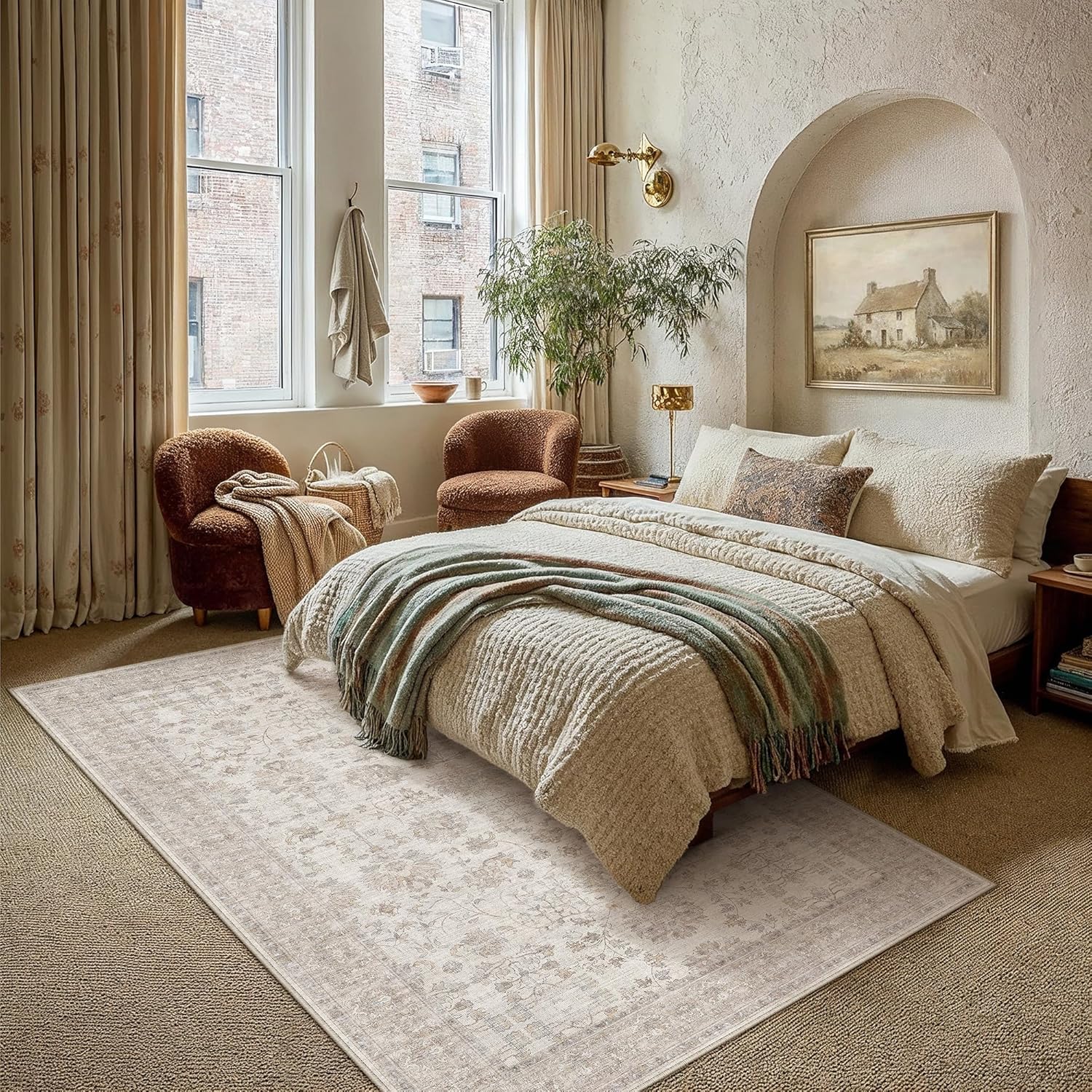 PureCozy 5x7 Living Room Area Rug Beige Washable Vintage Carpet Non Slip Low Pile Bedroom Traditional Distressed Large Throw Retro Rug for Kitchen Dining Room Home Office