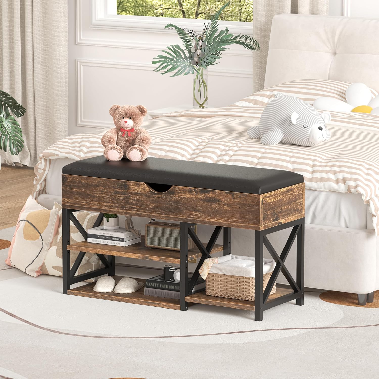 Shoe Rack Bench with Lift Top Hidden Storage, Mid-Century Modern Entryway Bench with Shoe Storage Leather Cushion, Adjustable Shelf, Wood Shoe Organizer for Bedroom, Living Room, Closet, Brown