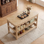 LITTLE TREE 59-Inch Kitchen Island with Seating and Storage, Large Farmhouse Stationary Island Table with Large Worktop, 3-Tier Open Shelves & Leg Room, Light Oak Kitchen Prep Station, Breakfast Bar