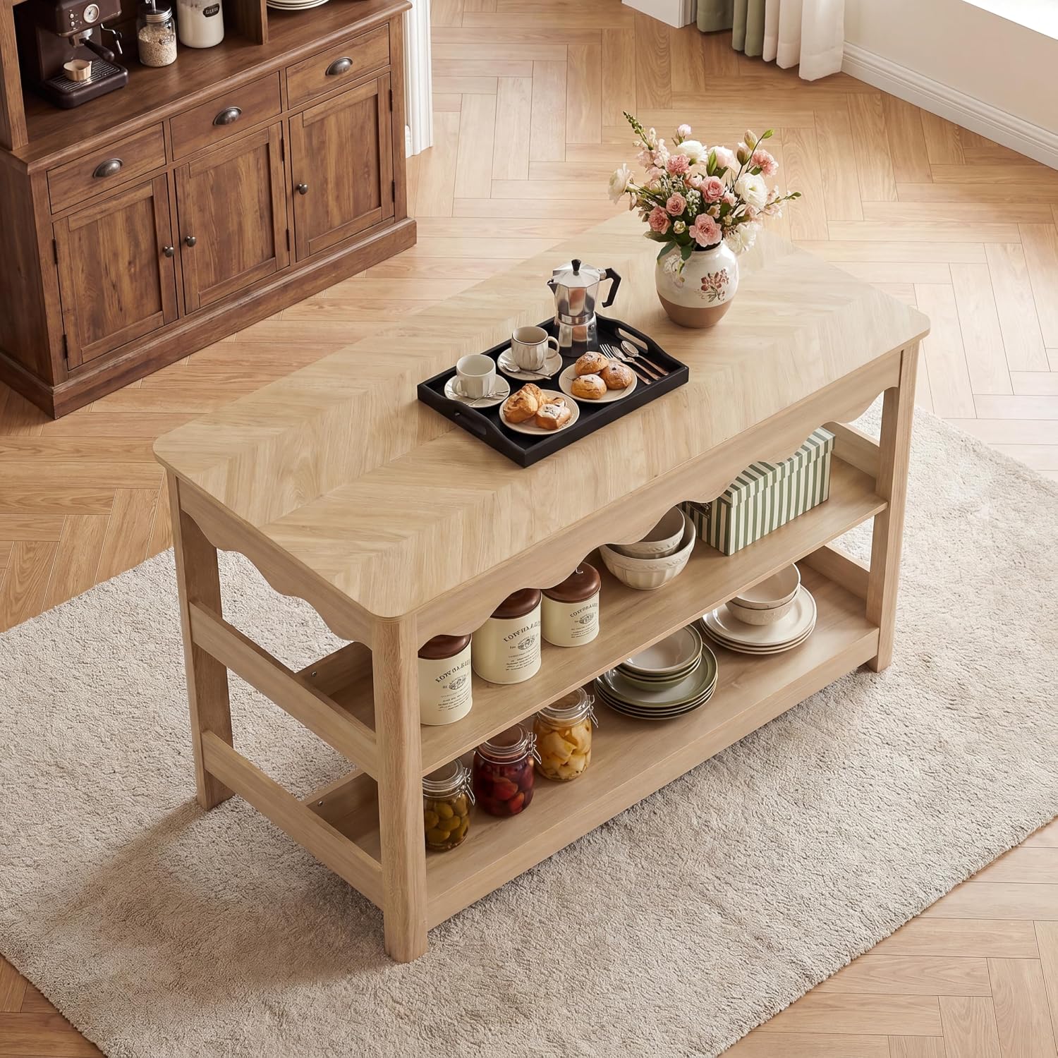 LITTLE TREE 59-Inch Kitchen Island with Seating and Storage, Large Farmhouse Stationary Island Table with Large Worktop, 3-Tier Open Shelves & Leg Room, Light Oak Kitchen Prep Station, Breakfast Bar