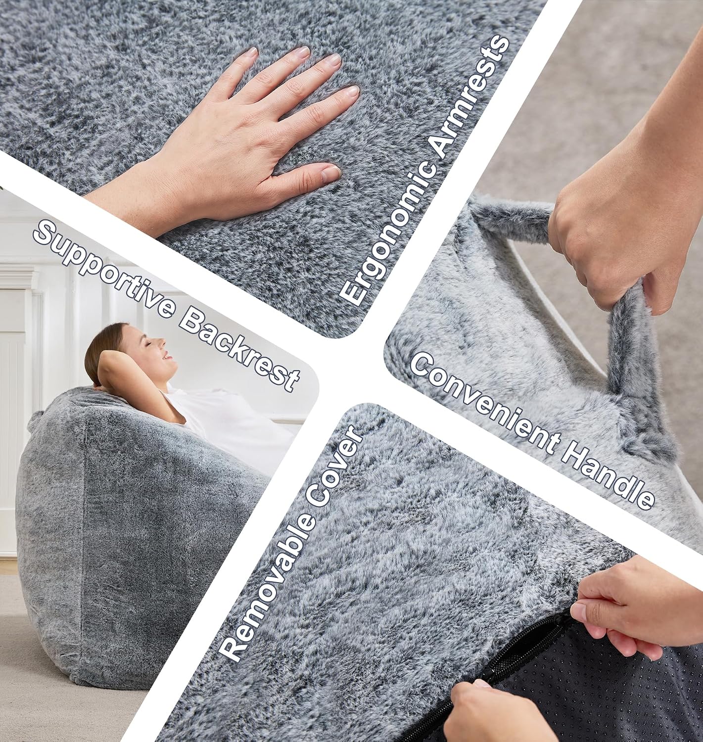 Hobestluk Bean Bag Chair Plush Accent Chair Armrest Living Room Adult Grey | Memory Foam Filled,Oversized Large Cozy Comfy Plush Chair,Lazy Sofa,Armrest,Living Room Bedroom Dorm,Washable cover