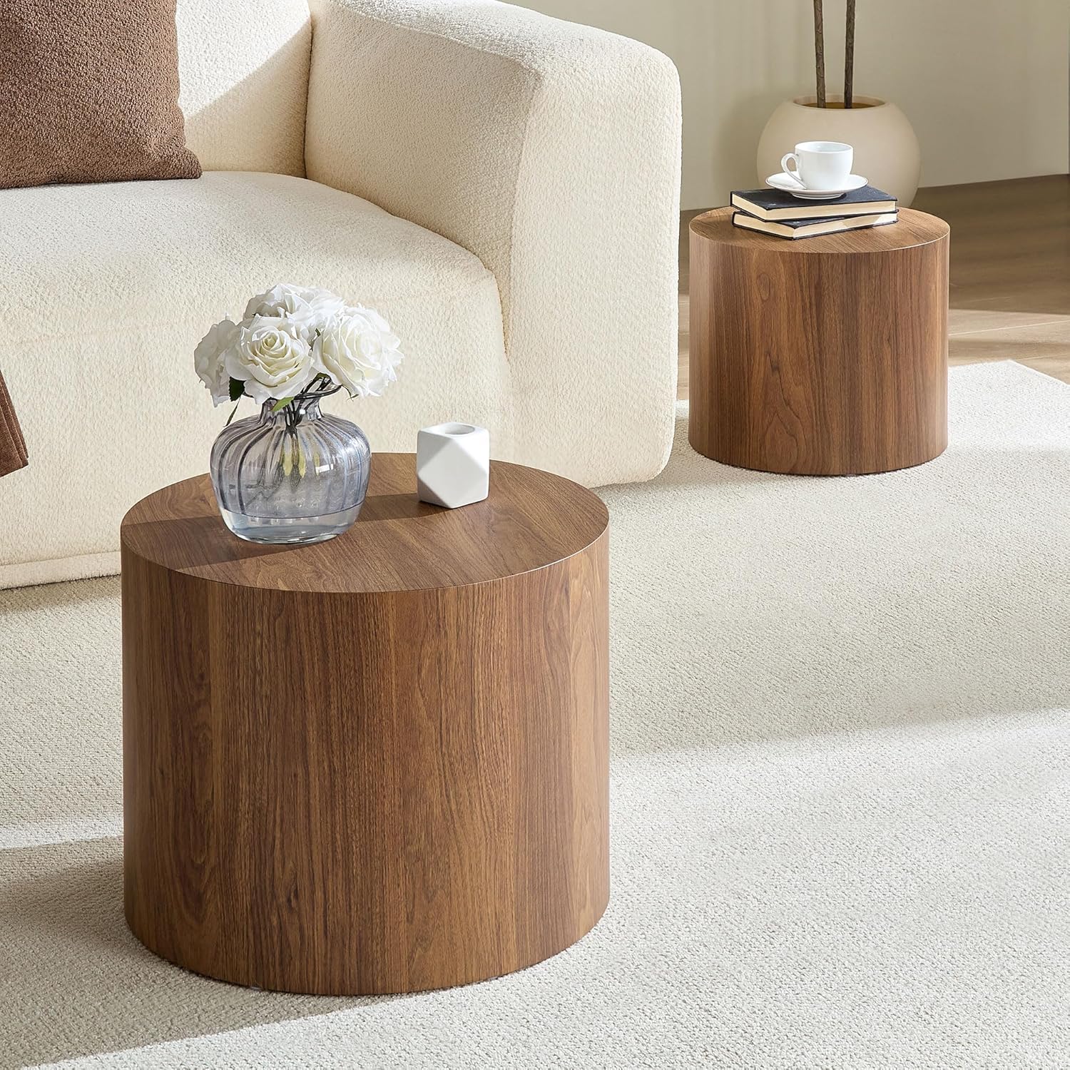Round Coffee Table Set of 2, Nesting Coffee Table and End Table Set Wood Small Circle Drum Side Table for Living Room Office, No Assembly,Walnut