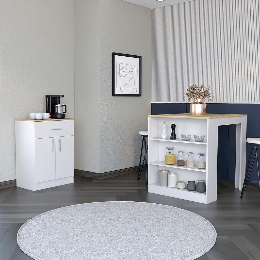 Contemporary Kitchen Island + Pantry Cabinet Combo, Kitchen Storage, White and Light Oak Freestanding Set, Cupboard, with Prep Space and Ample Storage