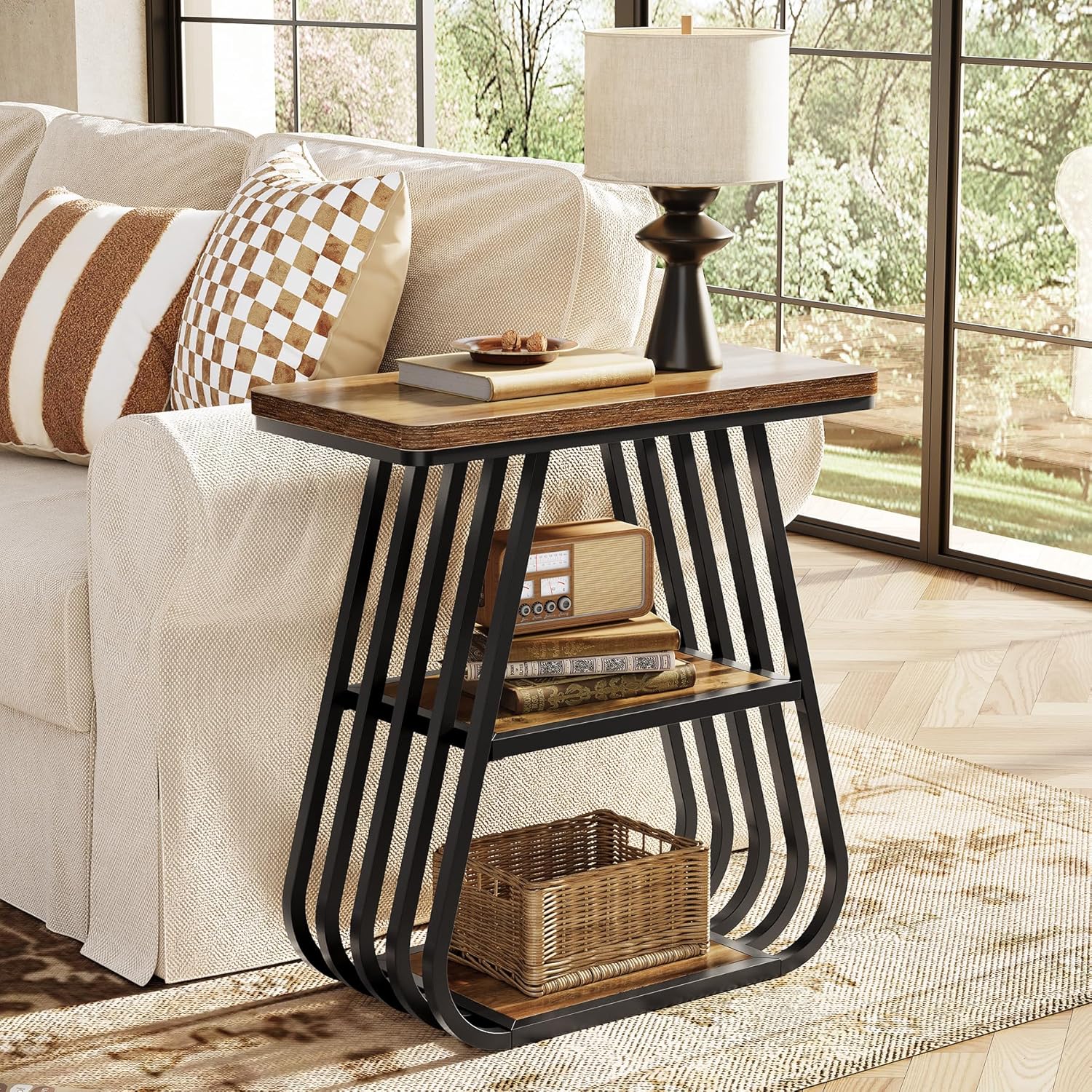 LITTLE TREE End Table for Living Room, 3-Tier Side Table for Small Spaces, Industrial Narrow Side Table with Storage Shelf in Oak Brown and Black