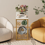 Antique C-Shape End Table with Faux Marble Top and Metal Flower Design, Narrow Gold Couch Side Table for Drink and Snack, Bedside Table, Laptop Table for Living Room, Bedroom