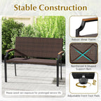 Tangkula Stackable Patio Wicker Loveseat Bench, 2-Person Rattan Outdoor Bench with Acacia Wood Armrests & Metal Frame, Rattan Conversation Furniture for Backyard, Garden, Balcony, Porch (1,Mix Brown)