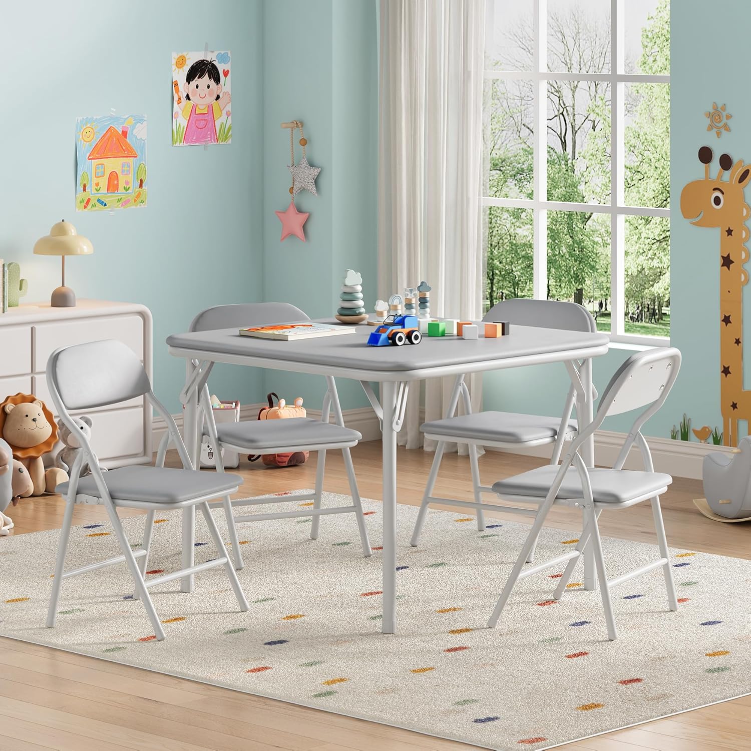 5-Piece Set Kids Folding Table and Chairs Set, Portable No-Assembly Dining Set with PU Cushion, for Boys Girls Eating Reading Playing -Gray
