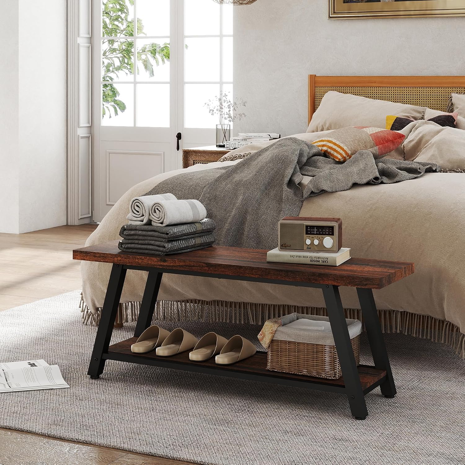 43" Wood Long Modern Farmhouse Entryway Bench, Wood Bedroom End of BedBench, Vintage Mid Century Rustic Style, Perfect for Mudroom, Storage, Living Room, Kitchen Rustic Brown and Black