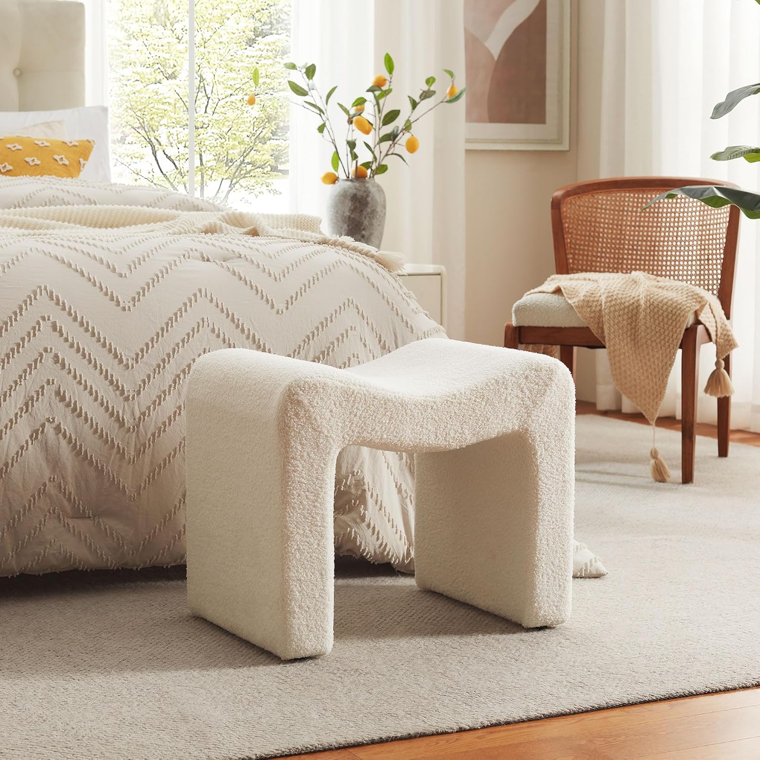 Ottoman Vanity Stool Chair Small Footstool Seating Backless Modern Foot Rest Teddy Velvet Ottoman for Makeup Room Living Room Bedroom Entryway,White (Single 1)