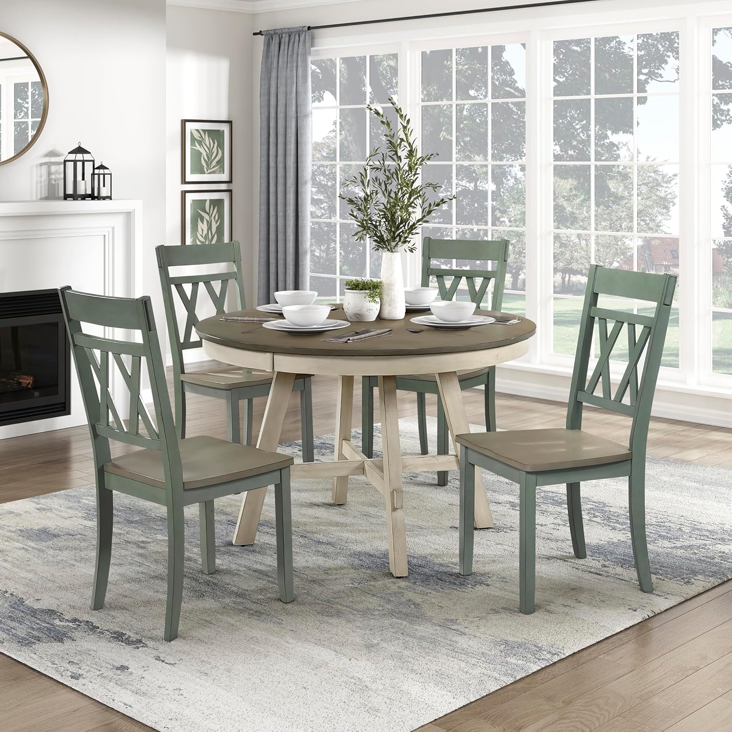 Lexicon Farmhouse Wood Dining Chair, Set of 2, Double Cross Back, Rustic Armless Chairs, Kitchen and Dining Room Furniture, Two-Tone Finish (Greywash and Antique Teal)
