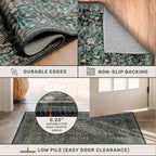 Non Slip 2x6 Kitchen Runner Rug Washable, Rubber Backed Bathroom Runner, Boho Vintage Floral Botanical Dark Green Non Skid Low Pile Soft Carpet for Entryway, Laundry Room, Hallway Mats for Floor