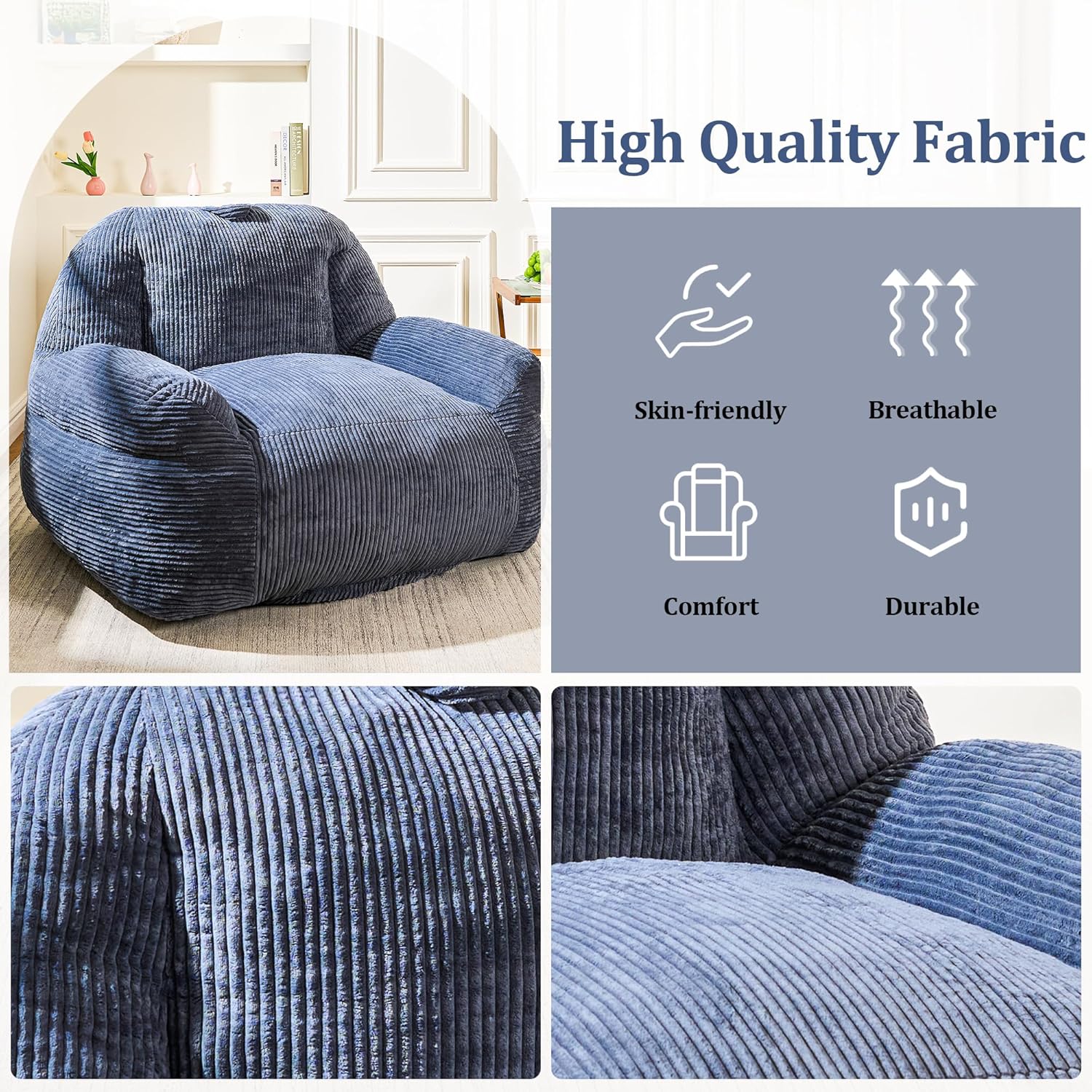 Bean Bag Chair, Faux Fur Bean Bag Chairs for Adults, Fluffy and Comfy Bean Bag with Filler, Bean Bag Sofa Chair for Reading, Gaming, Stuffed High-Density Foam (Grey)